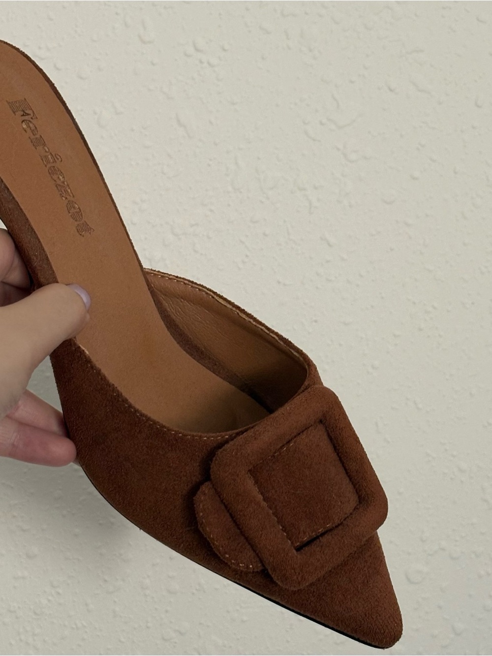 Chestnut Suede Pointed-Toe Buckle Mules - Picture 4 of 6